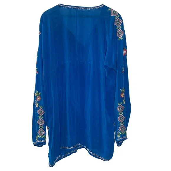 JOHNNY WAS Blue Embroidered Tunic Top Long Sleeve V Neck Floral Geometric - Picture 2 of 10